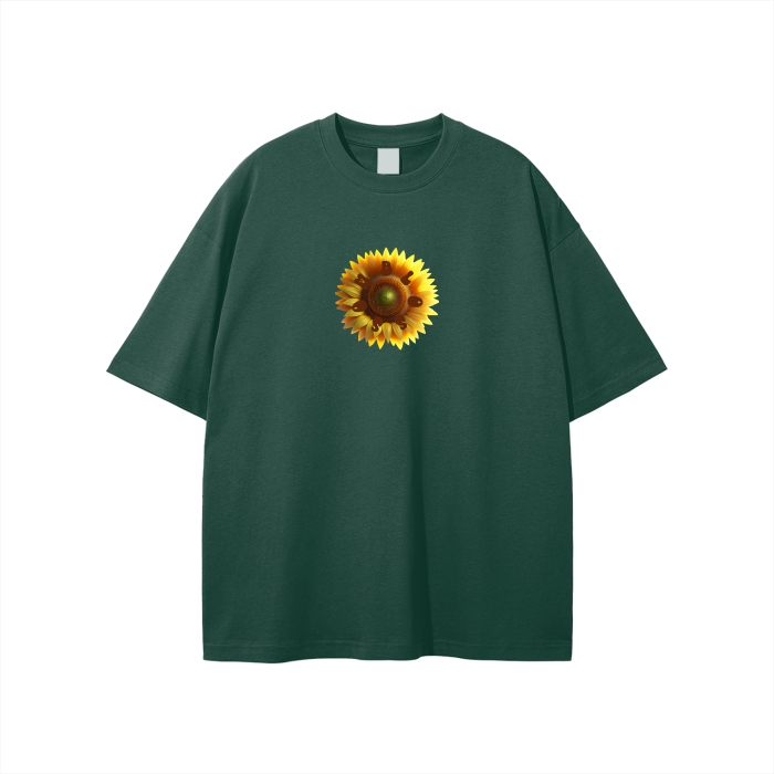 Middle Front and Back Sunflower Solid Color Loose Fit T-Shirt