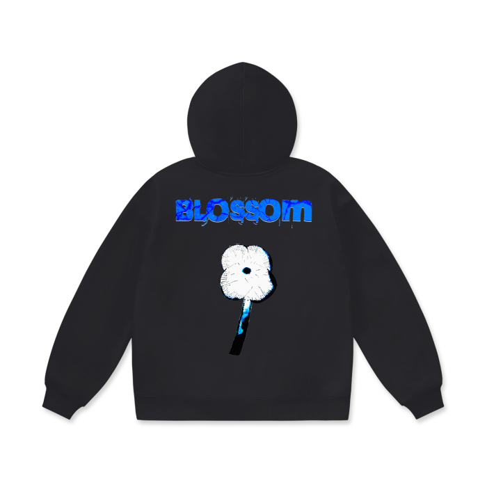 Blue and White Flower Oversize Heavyweight Fleece Hoodie - 460 GSM