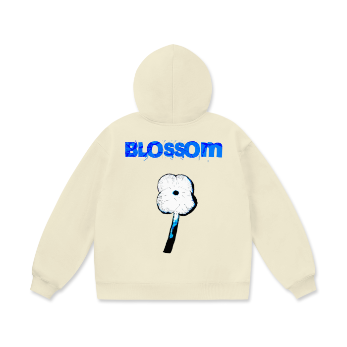 Blue and White Flower Oversize Heavyweight Fleece Hoodie - 460 GSM