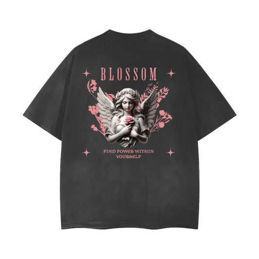 Pink Angel With Plants Vintage Wash Frayed T-Shirt - 260 GSM